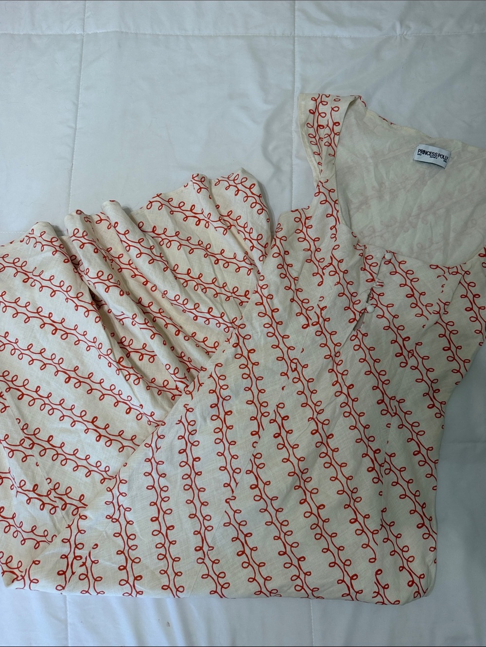 Princess Polly Cream Dress with Red Embroidered Stripe Detail